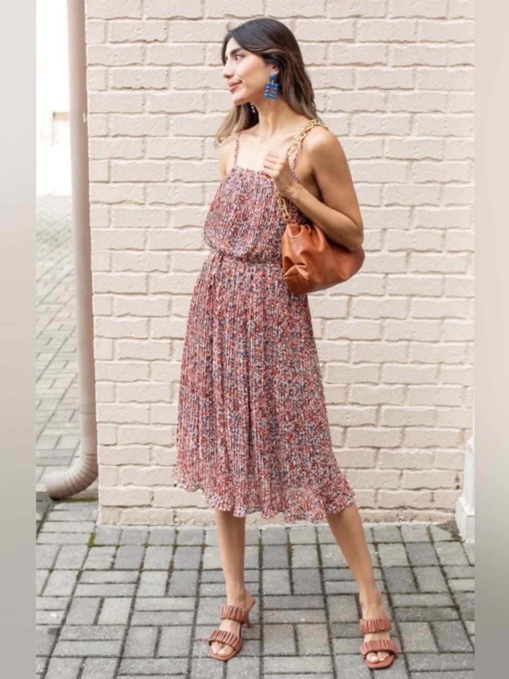 Pinch Multicolor Pleated Midi Dress Spaghetti Strap Size L
